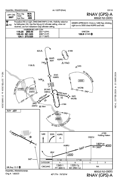 Reigle Fld Palmyra, PA (58N): RNAV (GPS)-A (IAP)