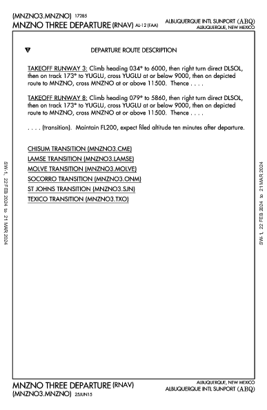 アルバカーキ国際空港 Albuquerque, NM (KABQ): MNZNO THREE (RNAV) (DP)