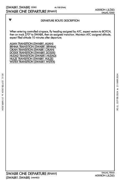 Addison Dallas, TX (KADS): SWABR ONE (RNAV) (DP)