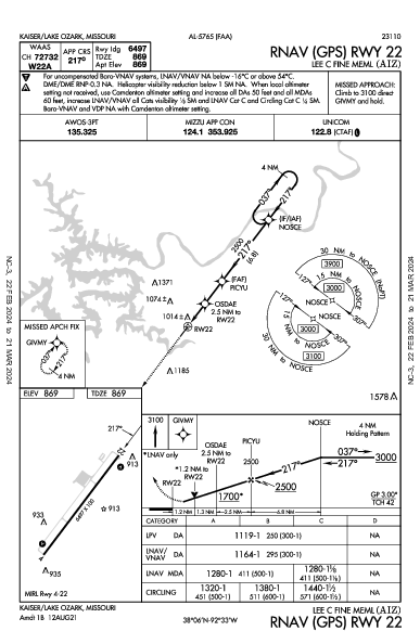 Lee C Fine Meml Kaiser/Lake Ozark, MO (KAIZ): RNAV (GPS) RWY 22 (IAP)