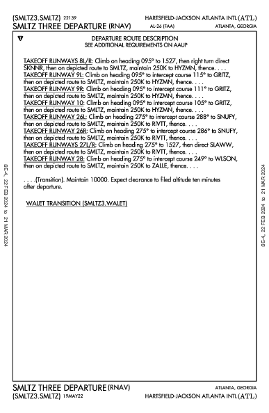 ハーツフィールド・ジャクソン・アトランタ国際空港 Atlanta, GA (KATL): SMLTZ THREE (RNAV) (DP)