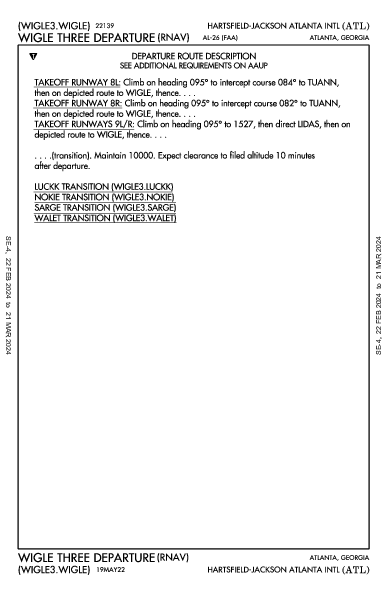 애틀랜타 하츠필드-잭슨 국제공항 Atlanta, GA (KATL): WIGLE THREE (RNAV) (DP)