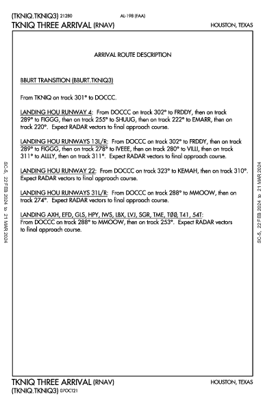 Houston/Southwest Houston, TX (KAXH): TKNIQ THREE (RNAV) (STAR)