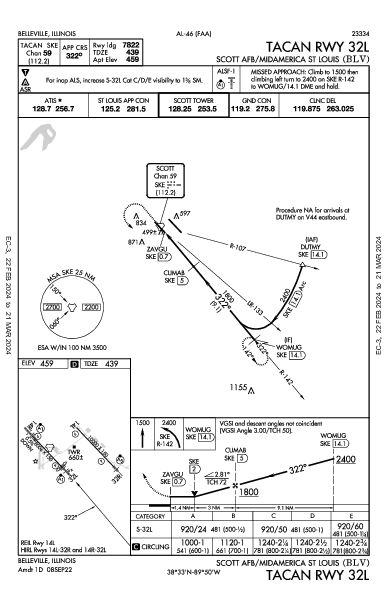 Scott Afb/Midamerica St Louis Belleville, IL (KBLV): TACAN RWY 32L (IAP)