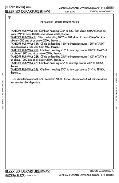 爱德华·劳伦斯·洛根将军国际机场 Boston, MA (KBOS): BLZZR SIX (RNAV) (DP)