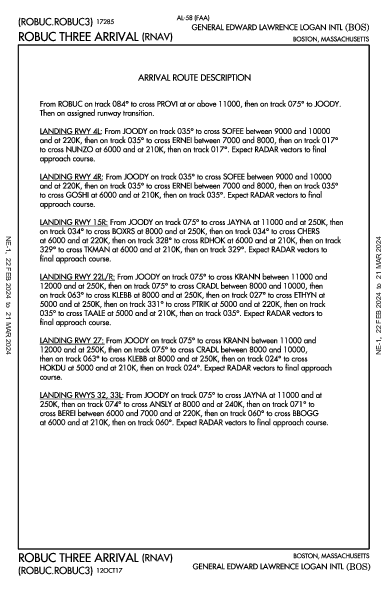 爱德华·劳伦斯·洛根将军国际机场 Boston, MA (KBOS): ROBUC THREE (RNAV) (STAR)