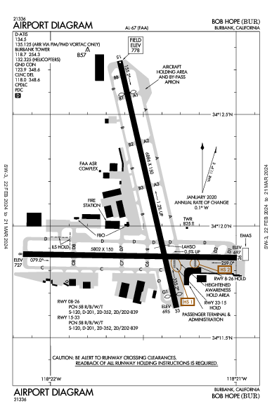 ボブ・ホープ空港 Burbank, CA (KBUR): AIRPORT DIAGRAM (APD)