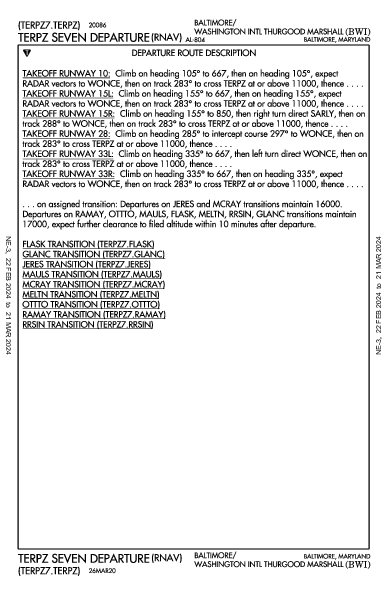 巴尔的摩/华盛顿瑟古德·马歇尔国际机场 Baltimore, MD (KBWI): TERPZ SEVEN (RNAV) (DP)