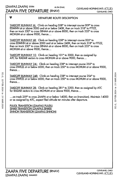 クリーブランド・ホプキンス国際空港 Cleveland, OH (KCLE): ZAAPA FIVE (RNAV) (DP)