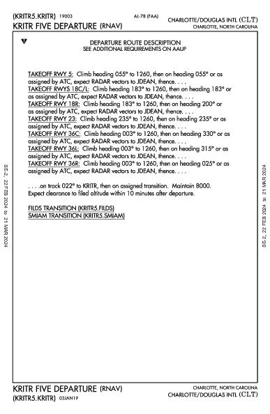 مطار تشارلوت دوغلاس الدولي Charlotte, NC (KCLT): KRITR FIVE (RNAV) (DP)