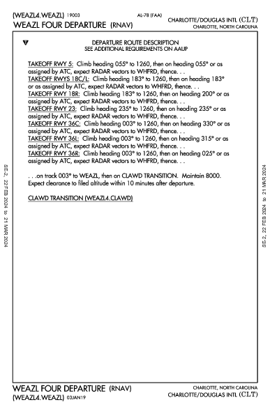 مطار تشارلوت دوغلاس الدولي Charlotte, NC (KCLT): WEAZL FOUR (RNAV) (DP)