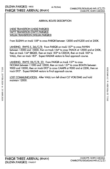 夏洛特/道格拉斯國際機場 Charlotte, NC (KCLT): PARQR THREE (RNAV) (STAR)