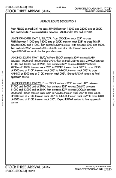 夏洛特/道格拉斯國際機場 Charlotte, NC (KCLT): STOCR THREE (RNAV) (STAR)