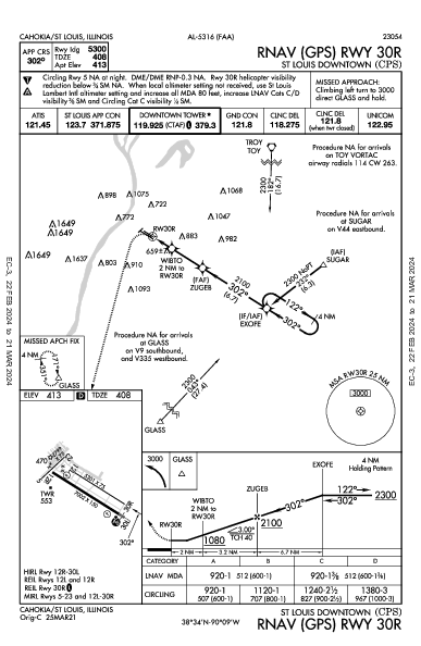 St Louis Downtown Cahokia/St Louis, IL (KCPS): RNAV (GPS) RWY 30R (IAP)