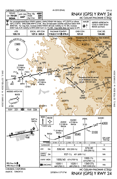 McClellan-Palomar Carlsbad, CA (KCRQ): RNAV (GPS) Y RWY 24 (IAP)