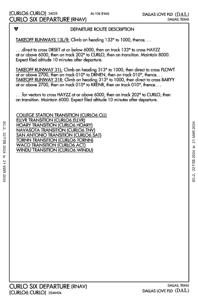 Dallas Love Fld Dallas, TX (KDAL): CURLO SIX (RNAV) (DP)