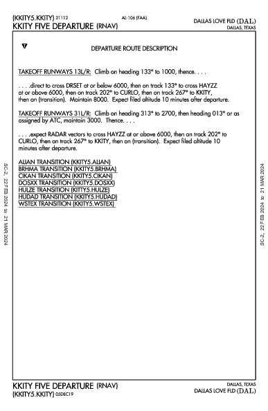 ダラス・ラブフィールド空港 Dallas, TX (KDAL): KKITY FIVE (RNAV) (DP)