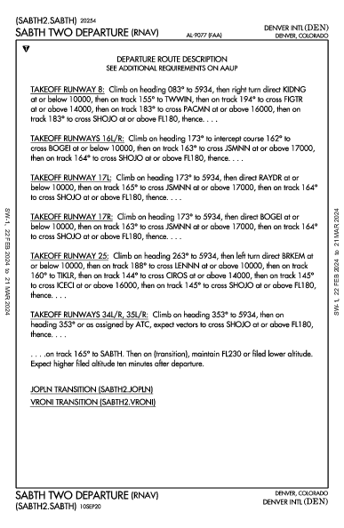 덴버 국제공항 Denver, CO (KDEN): SABTH TWO (RNAV) (DP)