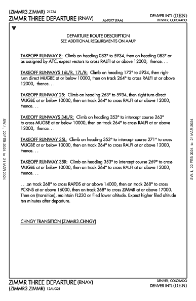 丹佛國際機場 Denver, CO (KDEN): ZIMMR THREE (RNAV) (DP)