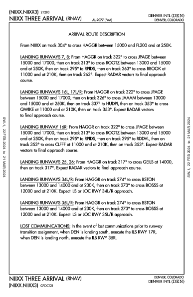 덴버 국제공항 Denver, CO (KDEN): NIIXX THREE (RNAV) (STAR)