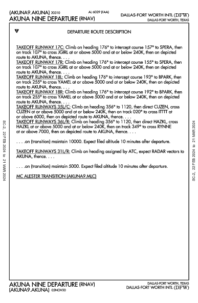 댈러스 포트워스 국제공항 Dallas-Fort Worth, TX (KDFW): AKUNA NINE (RNAV) (DP)