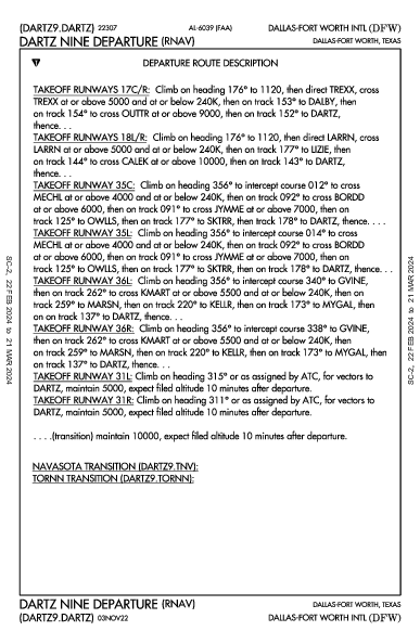 مطار دالاس فورت ورث الدولي Dallas-Fort Worth, TX (KDFW): DARTZ NINE (RNAV) (DP)
