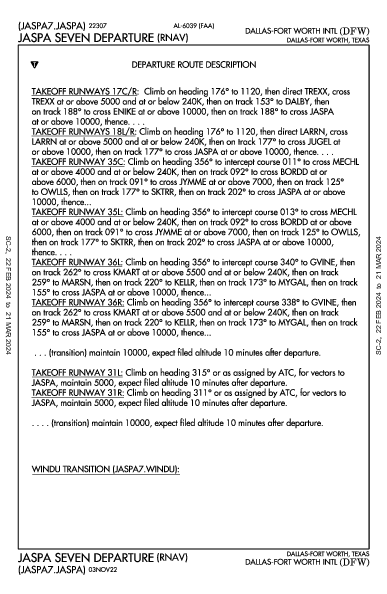 مطار دالاس فورت ورث الدولي Dallas-Fort Worth, TX (KDFW): JASPA SEVEN (RNAV) (DP)