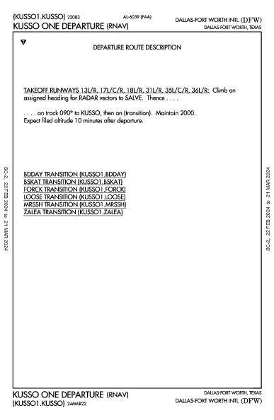 مطار دالاس فورت ورث الدولي Dallas-Fort Worth, TX (KDFW): KUSSO ONE (RNAV) (DP)