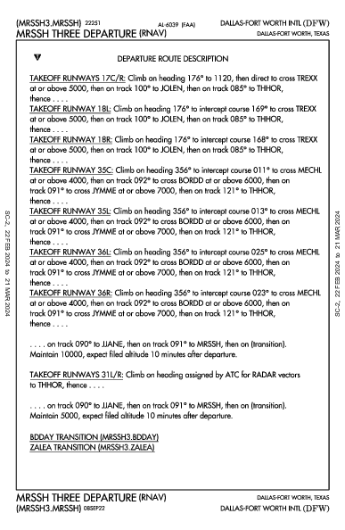 댈러스 포트워스 국제공항 Dallas-Fort Worth, TX (KDFW): MRSSH THREE (RNAV) (DP)