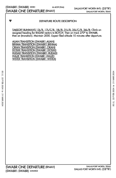 مطار دالاس فورت ورث الدولي Dallas-Fort Worth, TX (KDFW): SWABR ONE (RNAV) (DP)