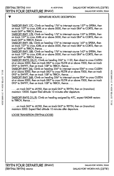 مطار دالاس فورت ورث الدولي Dallas-Fort Worth, TX (KDFW): TRYTN FOUR (RNAV) (DP)