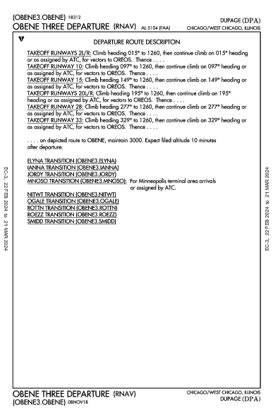 Dupage Chicago/West Chicago, IL (KDPA): OBENE THREE (RNAV) (DP)