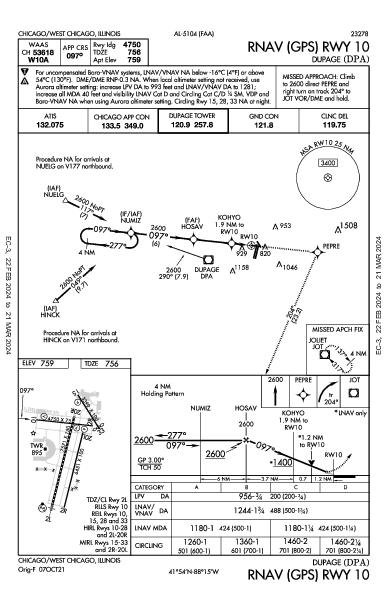 Dupage Chicago/West Chicago, IL (KDPA): RNAV (GPS) RWY 10 (IAP)