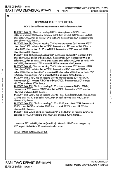 디트로이트 메트로폴리탄 웨인 카운티 공항 Detroit, MI (KDTW): BARII TWO (RNAV) (DP)