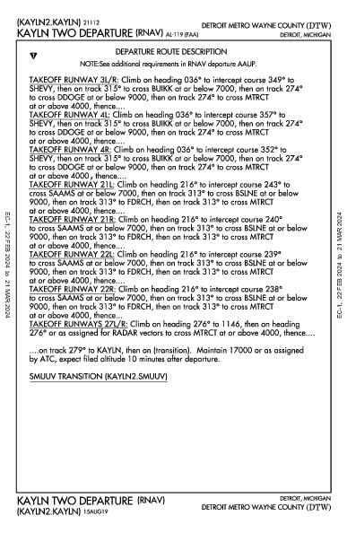 デトロイト・メトロポリタン・ウェイン・カウンティ空港 Detroit, MI (KDTW): KAYLN TWO (RNAV) (DP)