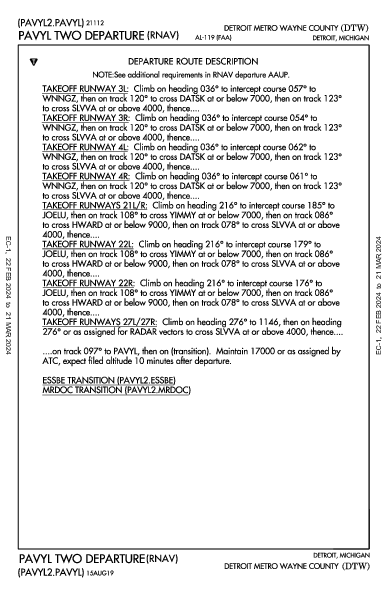 デトロイト・メトロポリタン・ウェイン・カウンティ空港 Detroit, MI (KDTW): PAVYL TWO (RNAV) (DP)