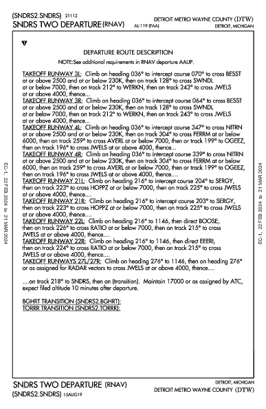 底特律都会韦恩县机场 Detroit, MI (KDTW): SNDRS TWO (RNAV) (DP)