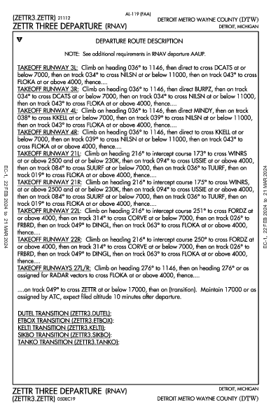 底特律都会韦恩县机场 Detroit, MI (KDTW): ZETTR THREE (RNAV) (DP)