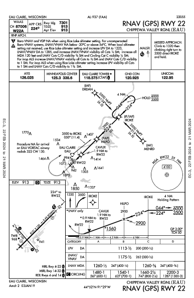 Chippewa Valley Rgnl Eau Claire, WI (KEAU): RNAV (GPS) RWY 22 (IAP)