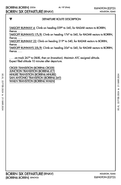 Houston Ellington Houston, TX (KEFD): BORRN SIX (RNAV) (DP)