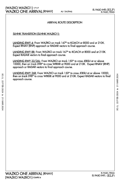 El Paso Intl El Paso, TX (KELP): WAZKO ONE (RNAV) (STAR)