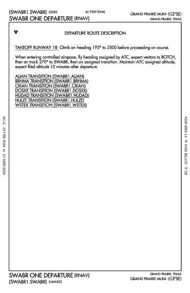 Grand Prairie Muni Grand Prairie, TX (KGPM): SWABR ONE (RNAV) (DP)