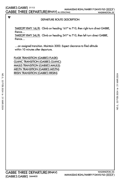 Regional de Manassas Washington, DC (KHEF): GABBE THREE (RNAV) (DP)