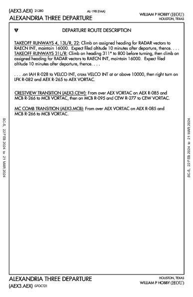 윌리엄 P. 호비 공항 Houston, TX (KHOU): ALEXANDRIA THREE (DP)