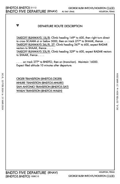 喬治·布什洲際機場 Houston, TX (KIAH): BNDTO FIVE (RNAV) (DP)