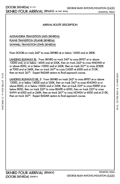 喬治·布什洲際機場 Houston, TX (KIAH): SKNRD FOUR (RNAV) (STAR)