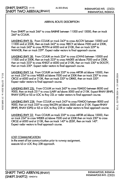 印第安纳波利斯国际机场 Indianapolis, IN (KIND): SNKPT TWO (RNAV) (STAR)