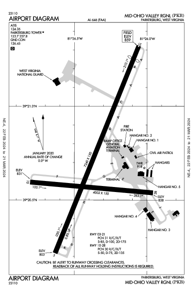 Mid-Ohio Valley Rgnl Airport (Parkersburg, WV): KPKB Airport Diagram