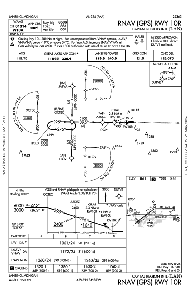 Capital Region Intl Lansing, MI (KLAN): RNAV (GPS) RWY 10R (IAP)