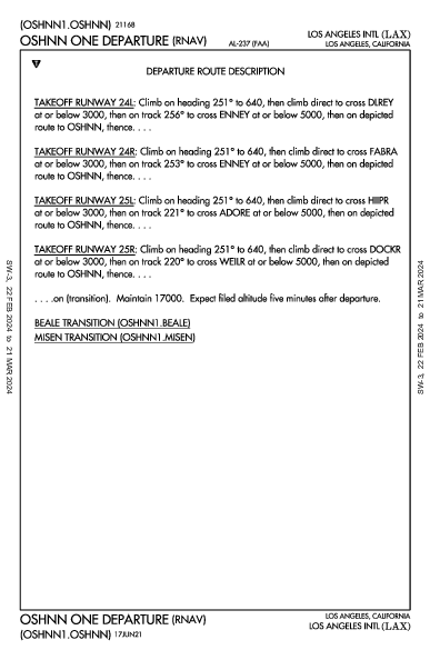 مطار لوس أنجلوس الدولي Los Angeles, CA (KLAX): OSHNN ONE (RNAV) (DP)
